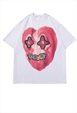 Heart print t-shirt Y2K tee ghosts skater retro top white