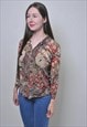 ABSTRACT PATTERN VINTAGE BROWN BLOUSE, RETRO FLORAL SHIRT 