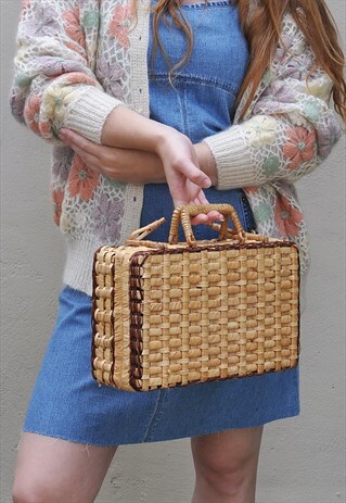 VINTAGE SQUARE WICKER STRAW HANDBAG BASKET BAG