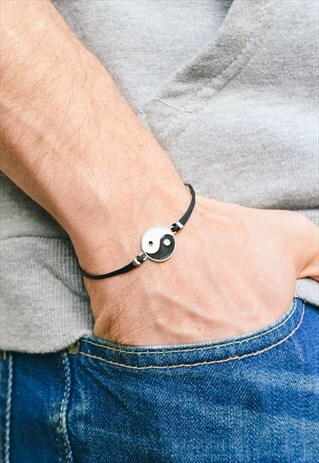 MEN'S BRACELET, YIN YANG CHARM, BLACK CORD, GIFT FOR MEN