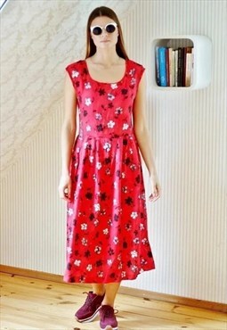 Red floral cotton midi dress 