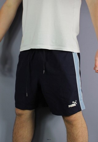 VINTAGE PUMA SHORTS IN NAVY BLUE WITH POCKETS, EMBROIDERED L