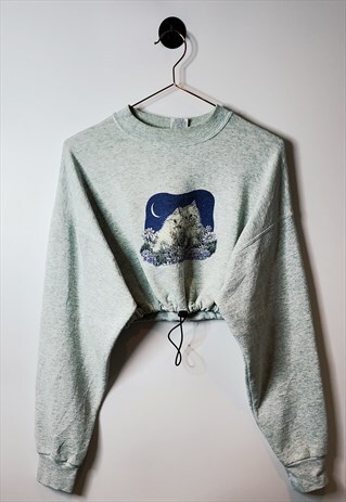VINTAGE REWORKED CROP KITTEN CAT SWEATSHIRT GREY BLUE