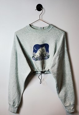 Vintage Reworked Crop Kitten Cat Sweatshirt Grey Blue