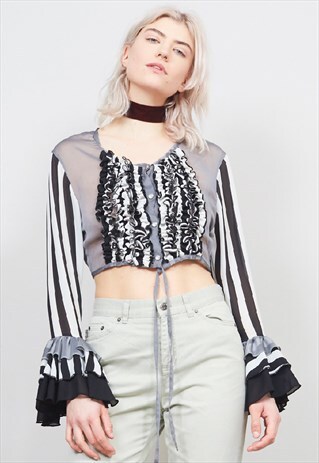 VINTAGE 80'S FESTIVAL STRIPED CROPPED RUFFLE BLOUSE