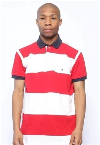VINTAGE TOMMY HILFIGER LOGO STRIPED POLO SHIRT RED AND WHITE