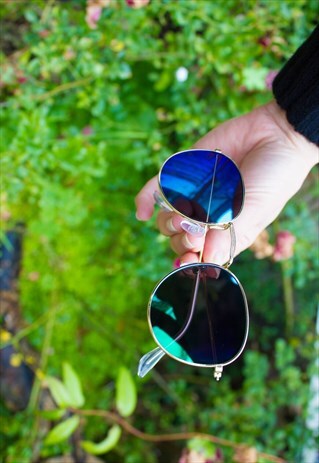 NEW BLUE METALLIC ROUND SUNGLASSES