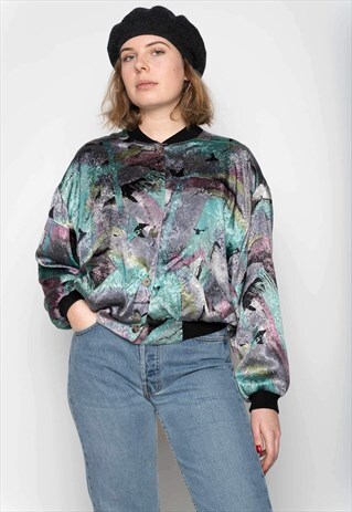 GREY TEAL PINK SHINY CRAZY BUTTON-UP BOMBER JACKET M