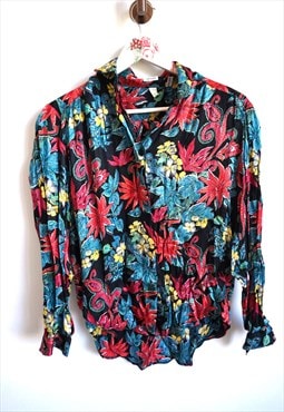 Vintage 90s Floral Flowers Blouse Shirt Hawaiian Top Hawaii