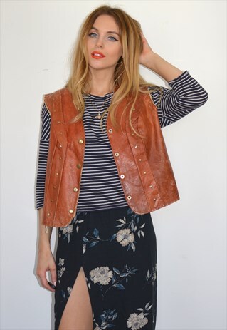 VINTAGE 70S BROWN LEATHER SLEEVELESS JACKET WAISTCOAT