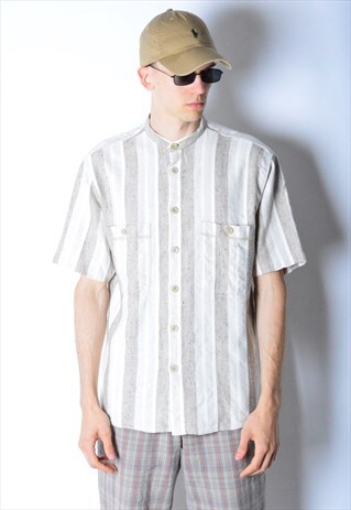 VINTAGE 90S BEIGE STRIPED COLLARLESS SHIRT