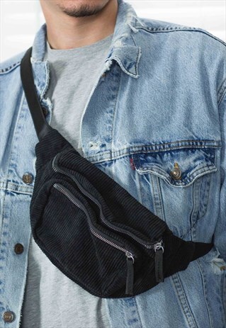 BLACK CORDUROY CROSS BODY BUMBAG 4.7