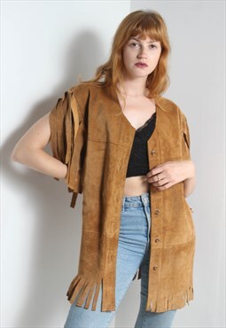 Vintage Suede Tassle Jacket Sleeveless Brown