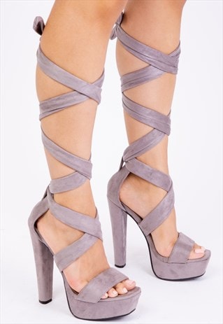Qistina high heel platform with lace-up straps in grey suede