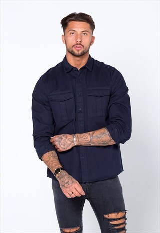 ESSENTIAL BUTTON UP SHACKET JACKET OVER SHIRT - NAVY BLUE