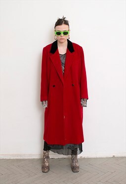 Vintage Wool Coat Red Long Overcoat Outerwear 90s