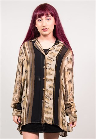 VINTAGE 90'S BROWN STRIPED OVERSIZED OPEN COLLAR SHIRT