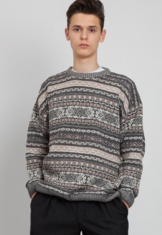 VINTAGE GREY BEIGE DONATO ROUND NECK KNIT JUMPER