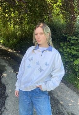 Vintage Size XL Butterfly Embroidered Sweatshirt In White