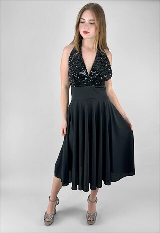 70's Vintage Black Sequin Halter Neck Evening Dress