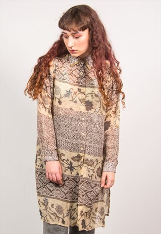 VINTAGE 90'S BROWN FLORAL PRINT SHEER LONG SHIRT