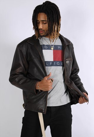 VINTAGE 90'S LEATHER BOMBER JACKET BROWN