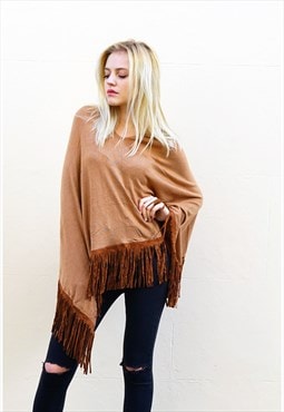 Knitted Poncho with Faux Leather Tassel in Camel