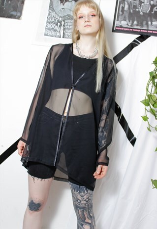90S GRUNGE Y2K GOTH BLACK SEE-THROUGH SHEER KIMONO COAT TOP