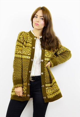 VINTAGE 70S BROWN NORDIC SNOWFLAKE WOOL CARDIGAN