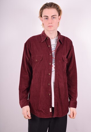 MENS VINTAGE CORDUROY SHIRT LARGE MAROON 90'S