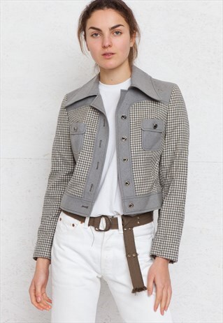 VINTAGE GREY YELLOW CHECKERED WOOL JACKET