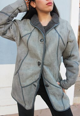 Pale Grey Real Leather Shearling Lined Winter Coat