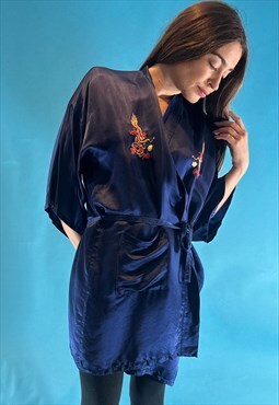 Navy Vintage Silky Embroidered Robe or Kimono