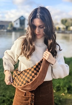 Brown Checkerboard & Corduroy Sling Bag Bumbag 