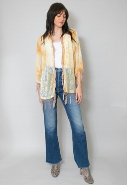 Vintage Style Kimono Cream Tassel Fringed Velvet Jacket