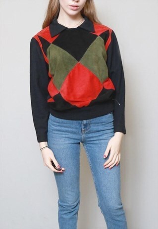VINTAGE 1970'S HARLEQUIN SOFT SUEDE JUMPER WITH RIBBED ARMS