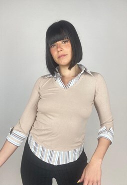 Vintage 00s Double Long Sleeve Striped Shirt in beige