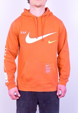 VINTAGE NIKE HOODIE SPELL OUT BIG SWOOSH ORANGE M