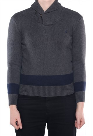 RALPH LAUREN - GREY EMBROIDERED QUARTER BUTTON JUMPER - SMAL