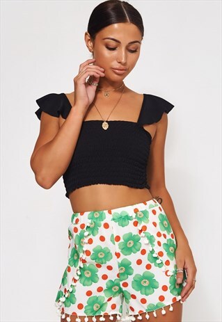 GREEN & WHITE DAISY POM POM SHORTS