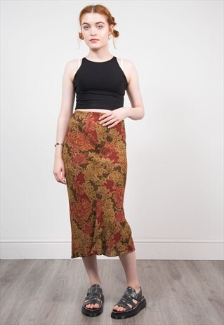 VINTAGE 90'S BROWN PAISLEY PATTERN GRUNGE MIDI SKIRT