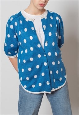 Vintage 70s Puffy Sleeve Knitted Top in Blue Polka Dot S