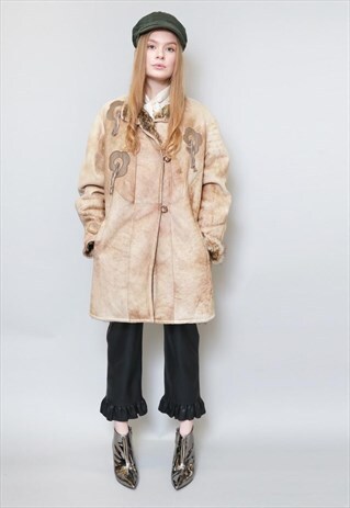 VINTAGE 1980'S PREMIUM EMBELLISHED TAN BROWN SHEARLING COAT