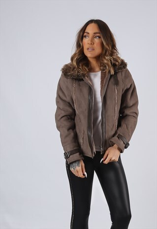 VINTAGE FAUX SHEEPSKIN SUEDE EFFECT JACKET UK 10 SMALL (FAEE