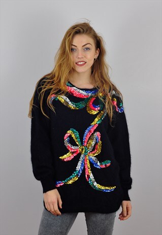 VINTAGE BLACK WOOL SEQUIN OVERSIZED CHRISTMAS JUMPER