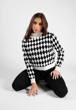 JUSTYOUROUTFIT BLACK DIAMOND CHECK PRINT HIGH NECK JUMPER