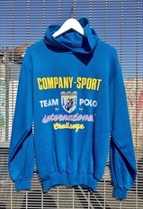 Vintage 80s BLUE polo theme SPELL OUT Hoodie Mens M-L 