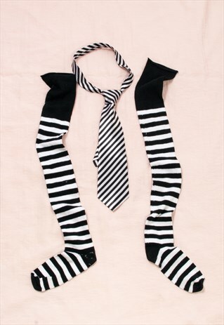 VINTAGE PUNK SET Y2K STRIPED TIM BURTON THIGH SOCKS AND TIE