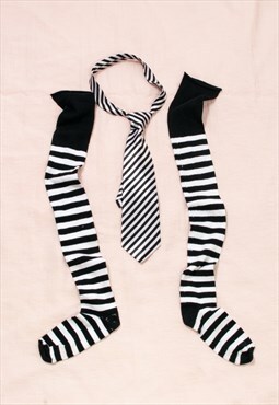 Vintage Punk Set Y2K Striped Tim Burton Thigh Socks and Tie