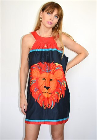 VINTAGE NAVY BLUE & RED LION PRINT HALTER MINI DRESS
